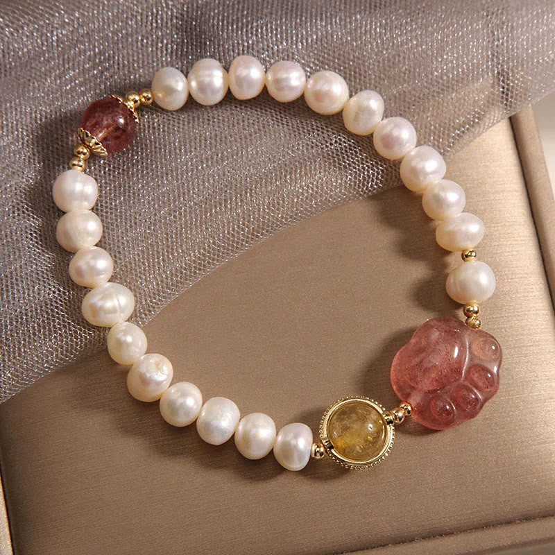 Pearl Strawberry Quartz Cute Paw Cat Claw Loyalty Bracelet