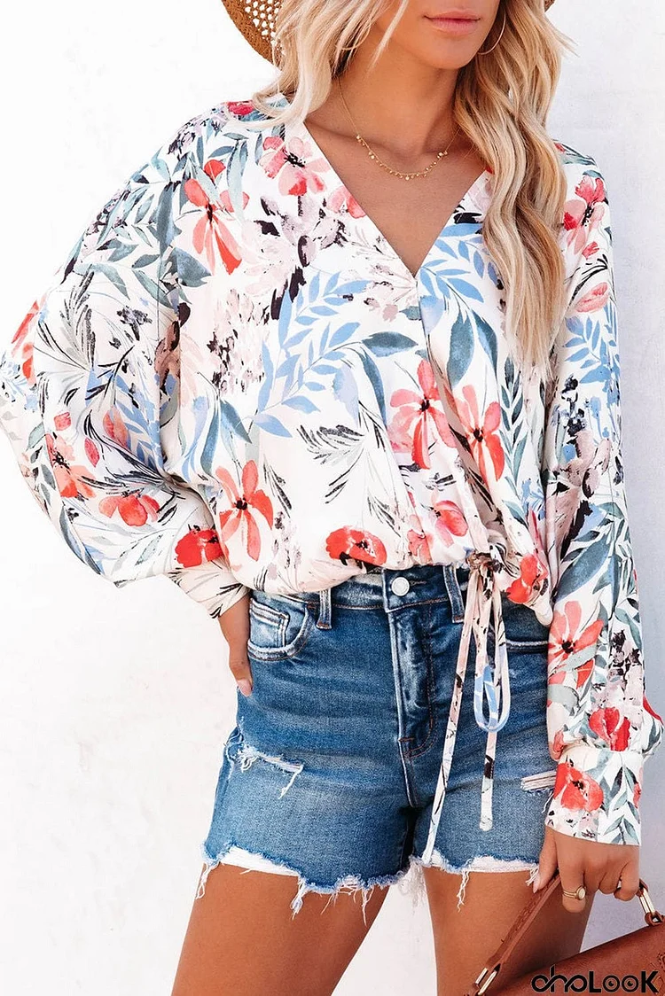 Floral Print Drape Crop Blouse