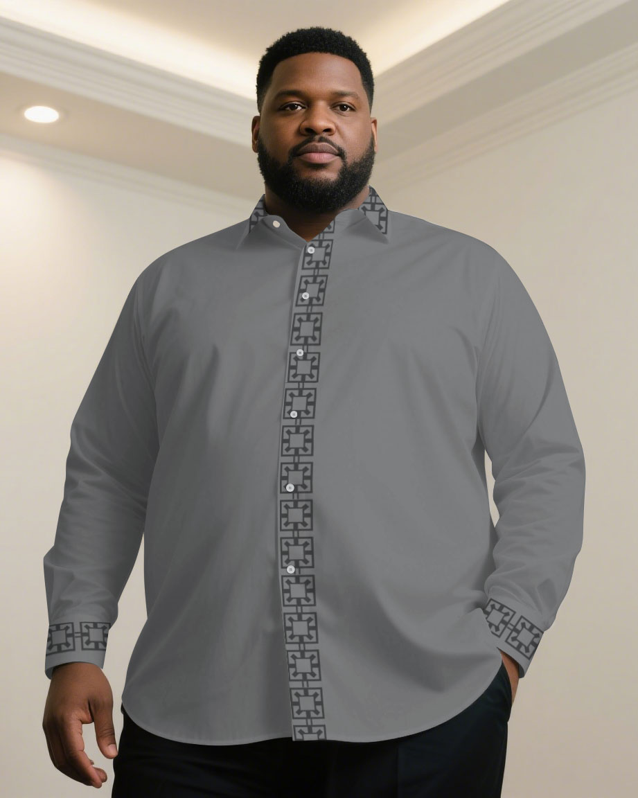 Big & Tall Men' Casual Business Features Jacquard-Red & Grey & Dark Blue & White & Black Long Sleeve Shirt