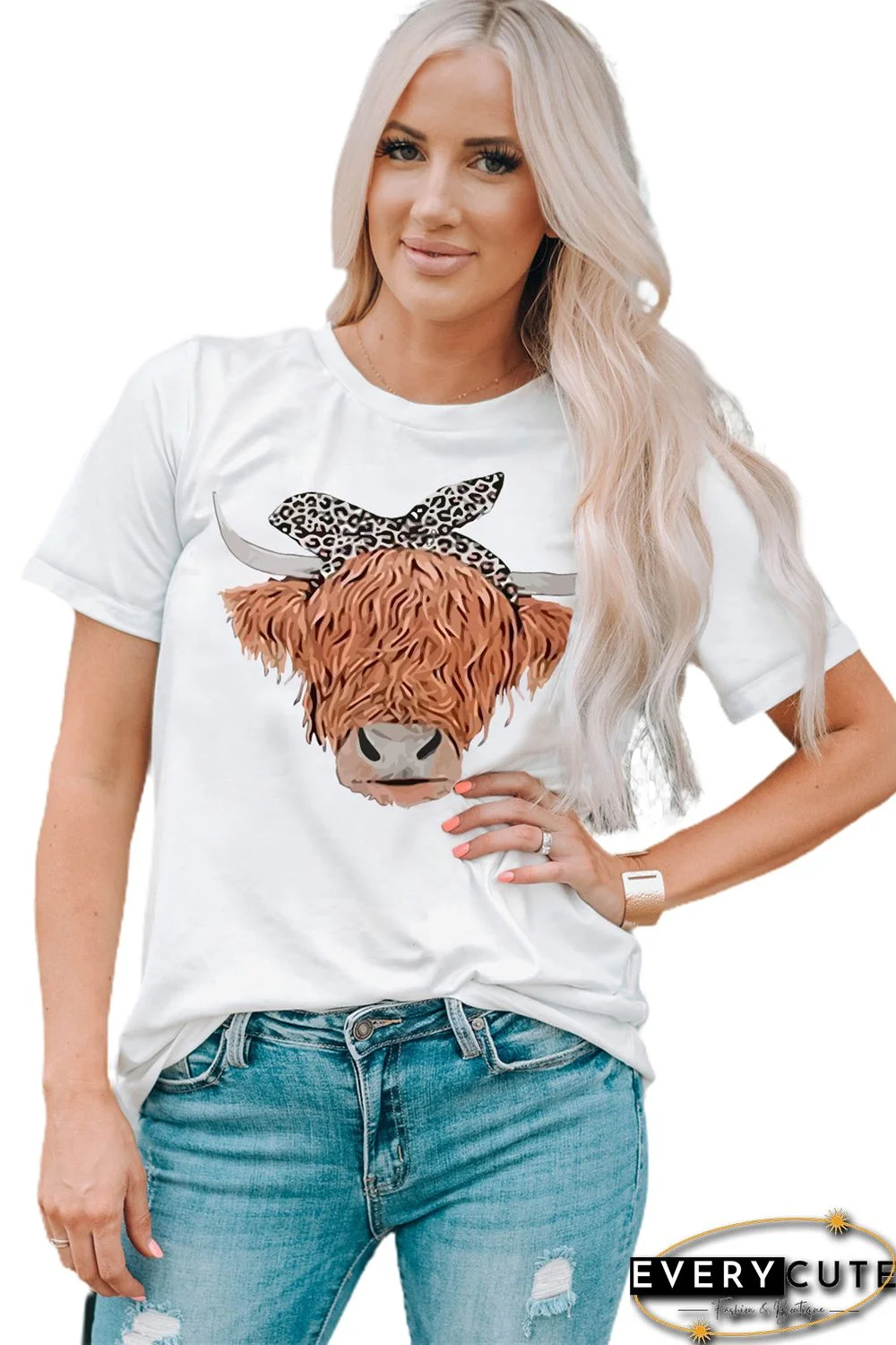 White Cute Cattle Leopard O-Neck T-Shirt