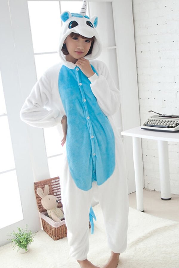Blue Cute Ladies Unicorn Adult Flannel Pajamas Jumpsuit Costume-elleschic