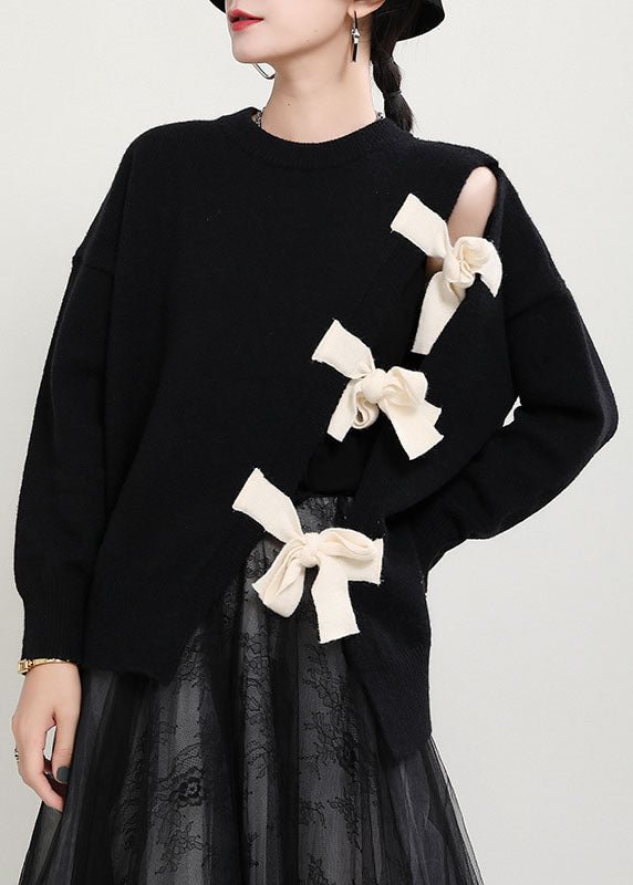 Organic Black O-Neck Patchwork asymmetrical design Fall Knit Knitted sweaters CK2773- Fabulory