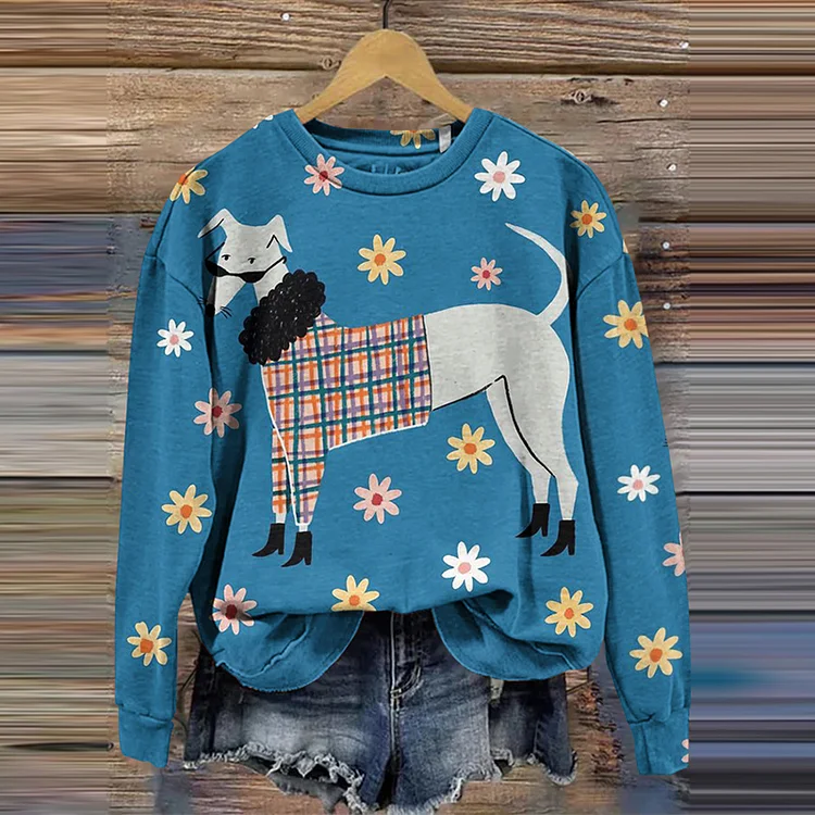 Women's Cute Dog With Floral Art Casual Sweatshirt
