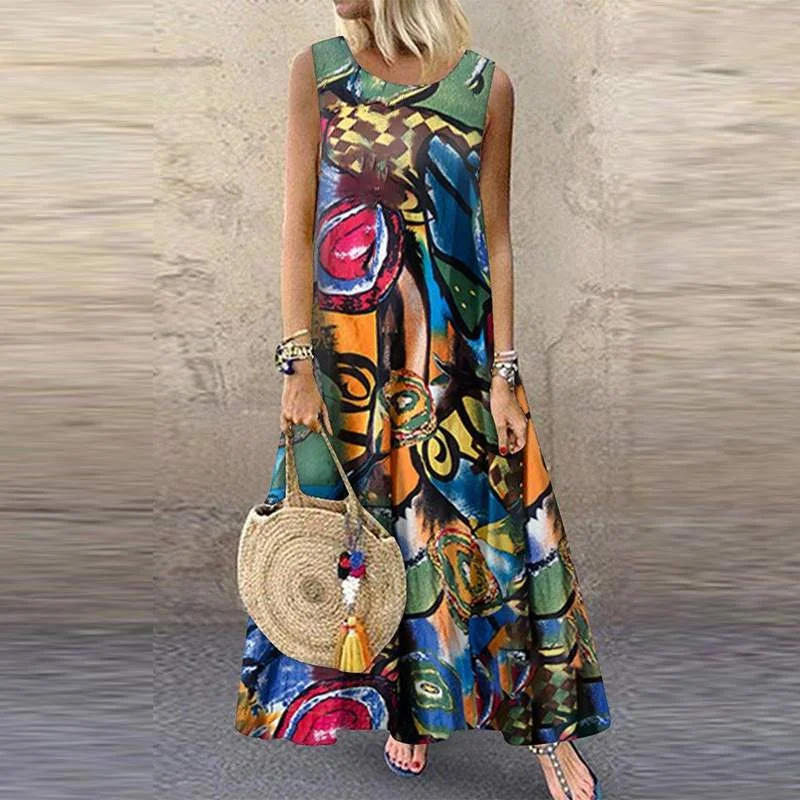 ZANZEA 2022 Summer Printed Maxi Dress Women's Sundress Vintage O Neck Sleeveless Tunic Vestidos  Casual Robe Femme