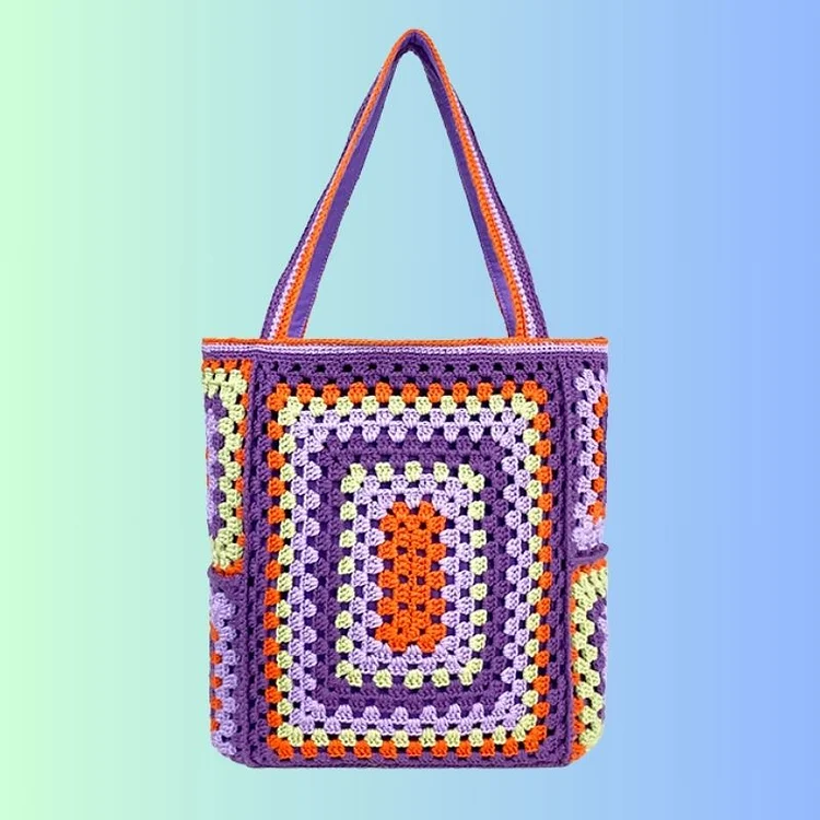 Lulusnow Handmade Purple Granny Square Beach Summer Bag Vintage Handbag for Travel Crochet Shoulder Bag