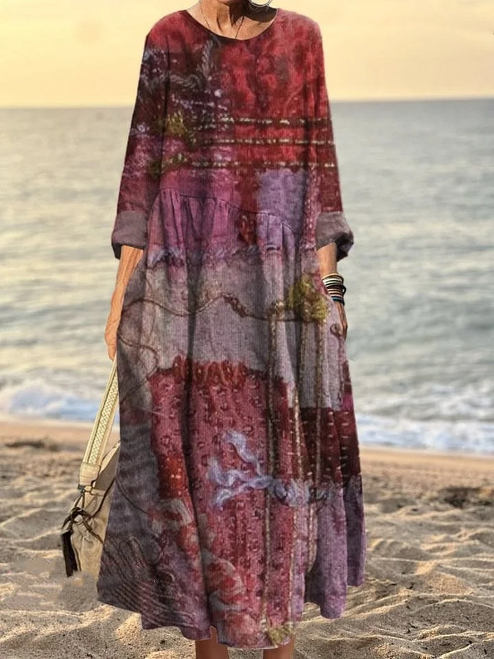 Women's Vintage Patchwork Art Print Pocket Cotton Dress