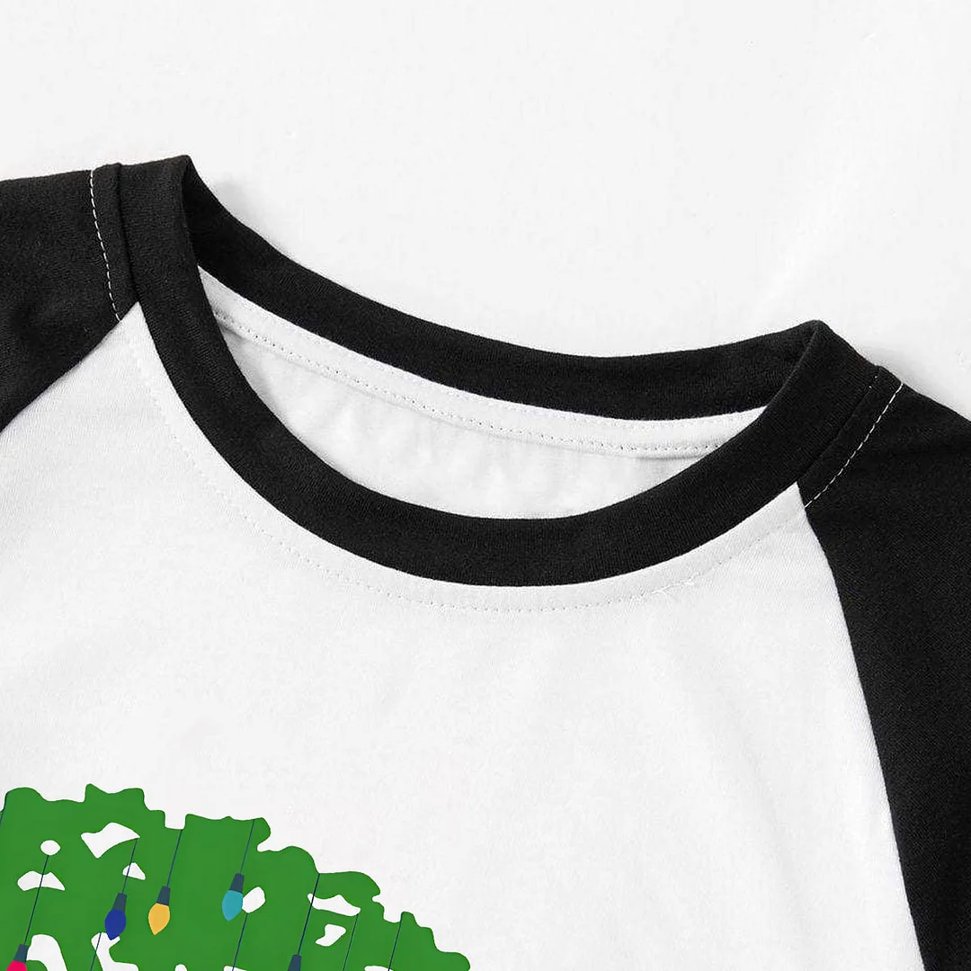 Family Christmas Shirts Christmas Tree Animal Kingdom Animal Kingdom Patterned and 'ROCKIN AROUND THE CHRISTMAS TREE' Letter Print Casual Long Sleeve Sweatshirts Black Contrast Top and Black and Gren Plaid Pants Family Matching Pajamas Sets