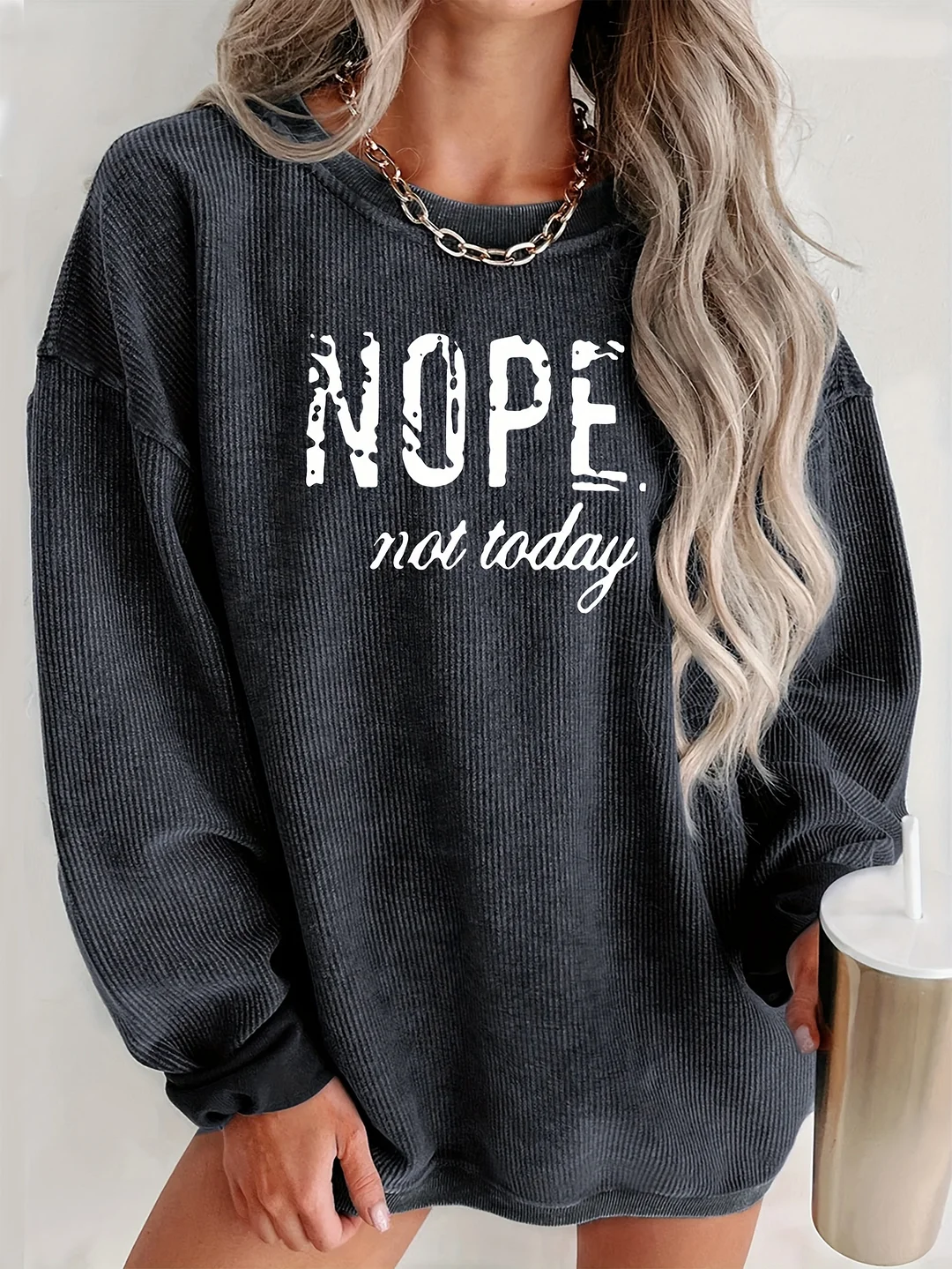 Nope Print Pullover Sweatshirt, Casual Long Sleeve Crew Neck Sweatshirt For Fall & Winter, Women's Clothing | IFYHOME