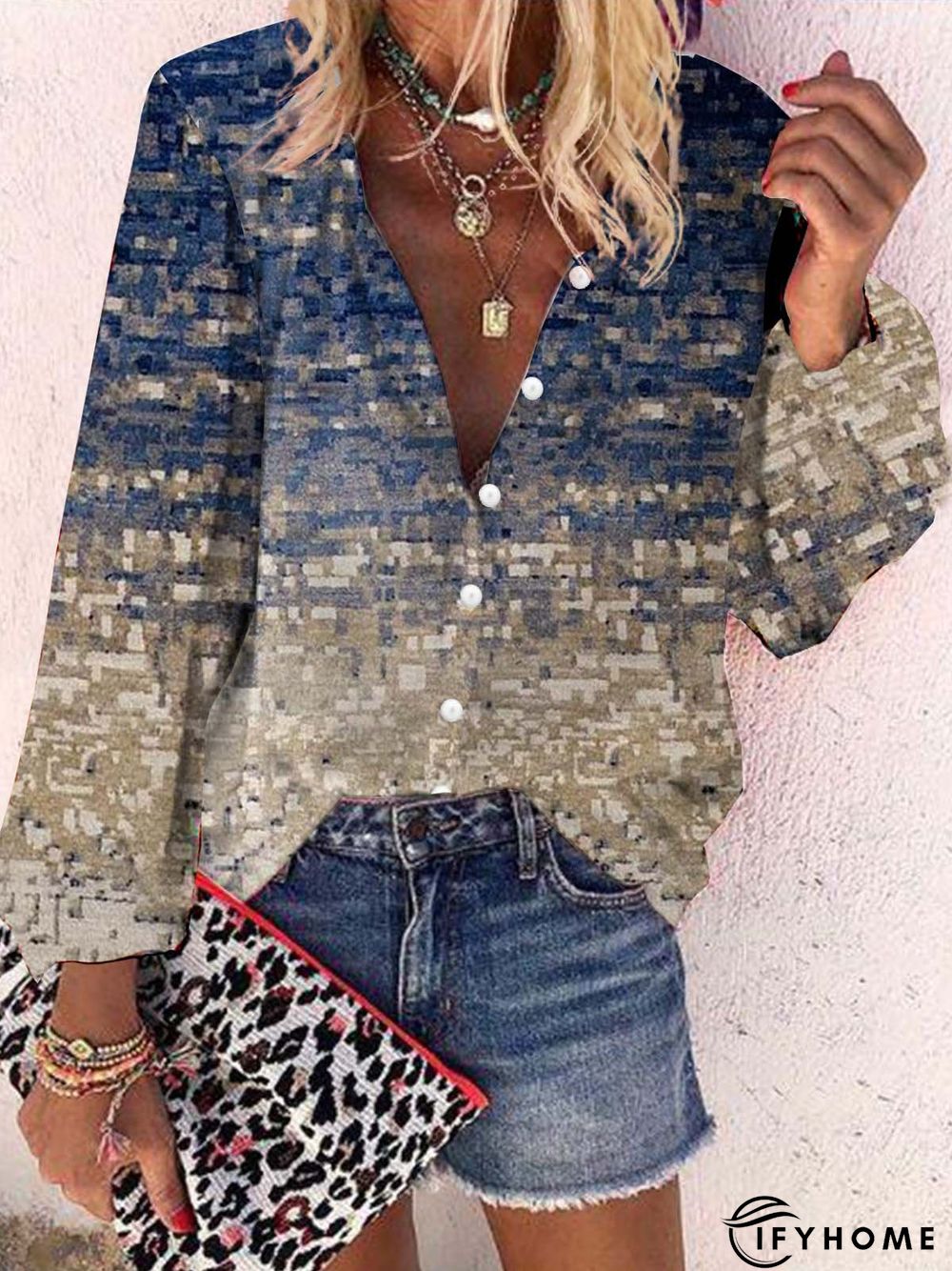 Long Sleeve V Neck Geometric Blouse | IFYHOME