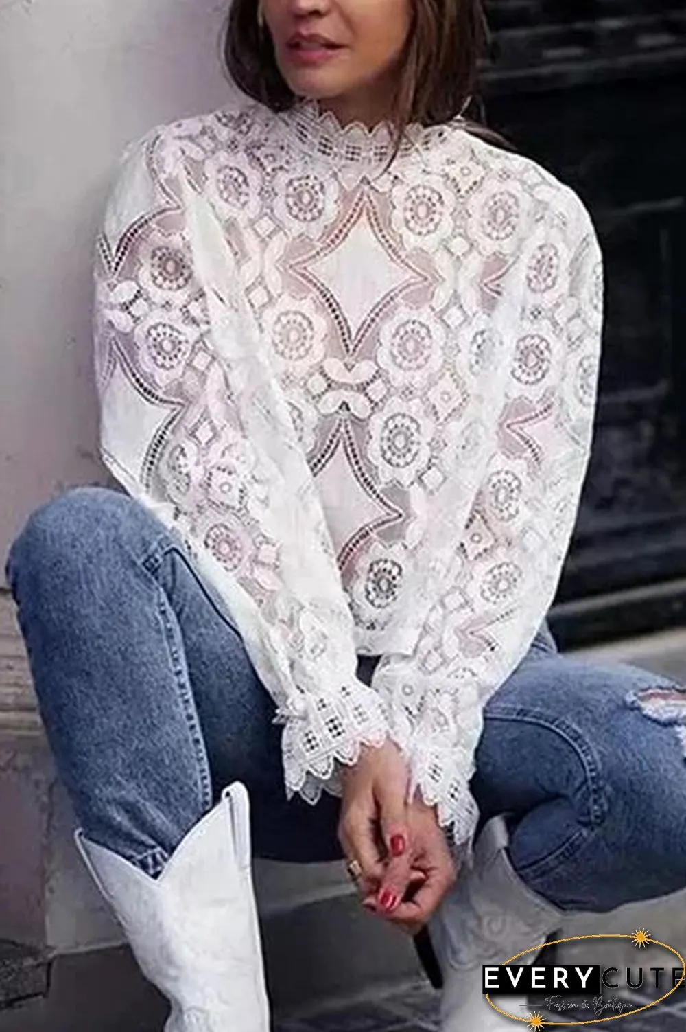 Lace Hollow Puff Sleeve T Shirt