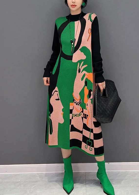 Vogue Green O-Neck Print Knit Maxi Dress Fall