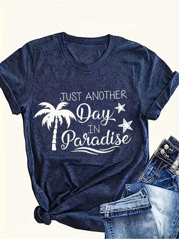 Coconut Tree- Graphic Printing-Round Neck Casual Short Sleeve T-Shirt-Fashion Women's Clothing