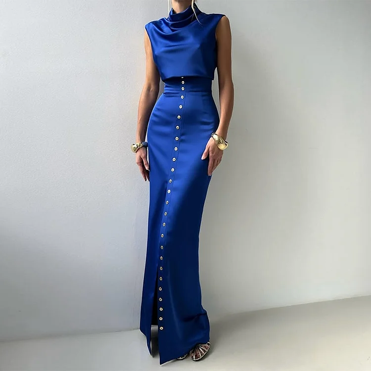 Women's Elegant Satin Top and Button Decorated Slit Skirt Two-Piece Set(free shipping)