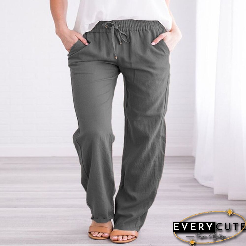 Summer Women's Cotton Linen Drawstring Loose Wide-Leg Pants Hot Sale Long Trousers With Pocket