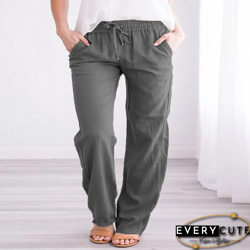 Summer Women's Cotton Linen Drawstring Loose Wide-Leg Pants Hot Sale Long Trousers With Pocket