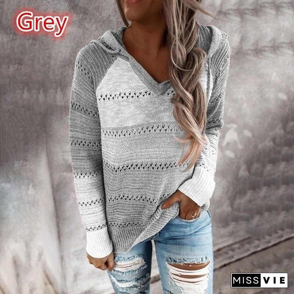New Fashion Stitching V-neck Hooded Sweaters for Women Autumn Hollow-out Knitted Sweater Color Block Pullover Hoodies Coat