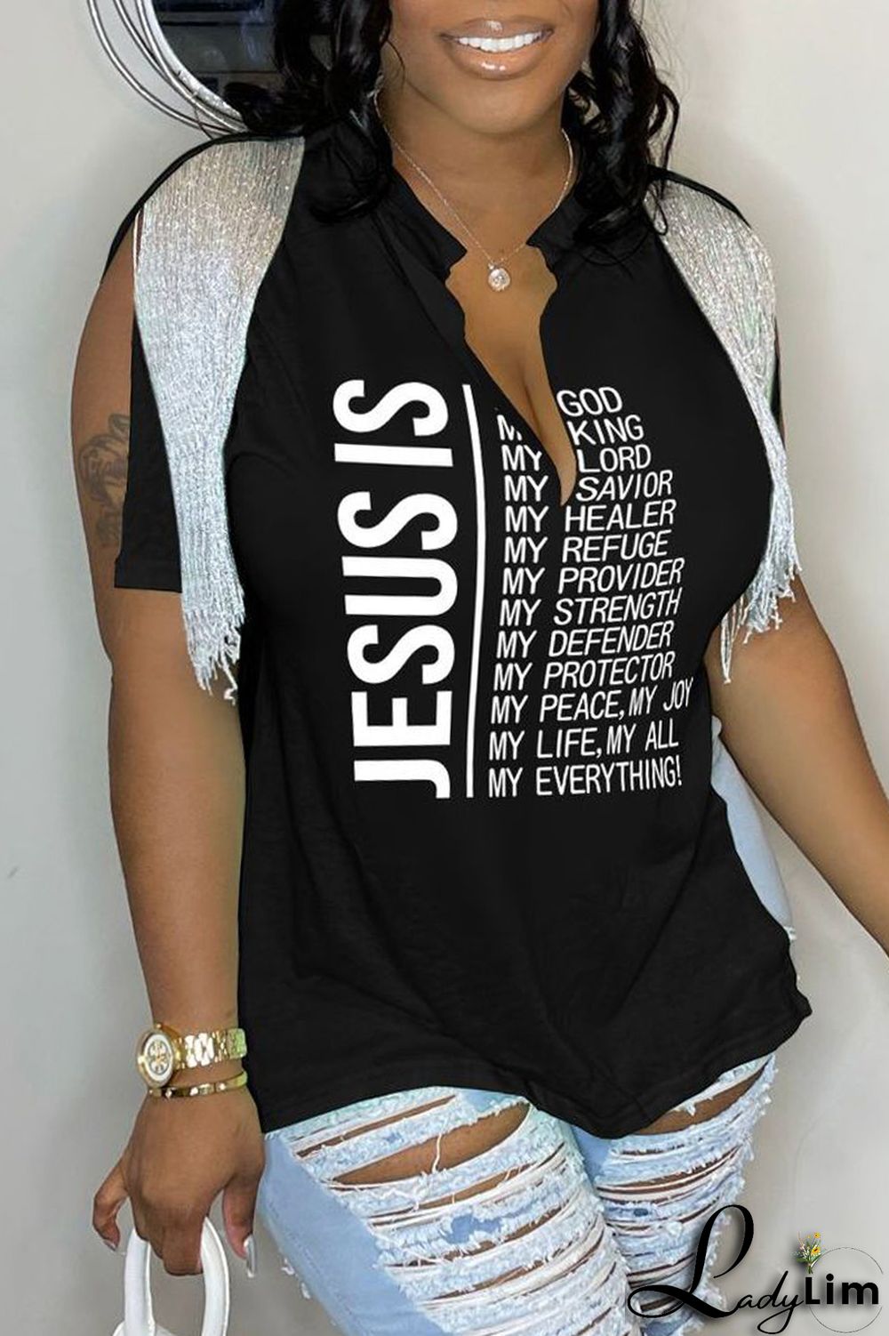 Black Casual Letter Print Tassel Patchwork V Neck T-Shirts