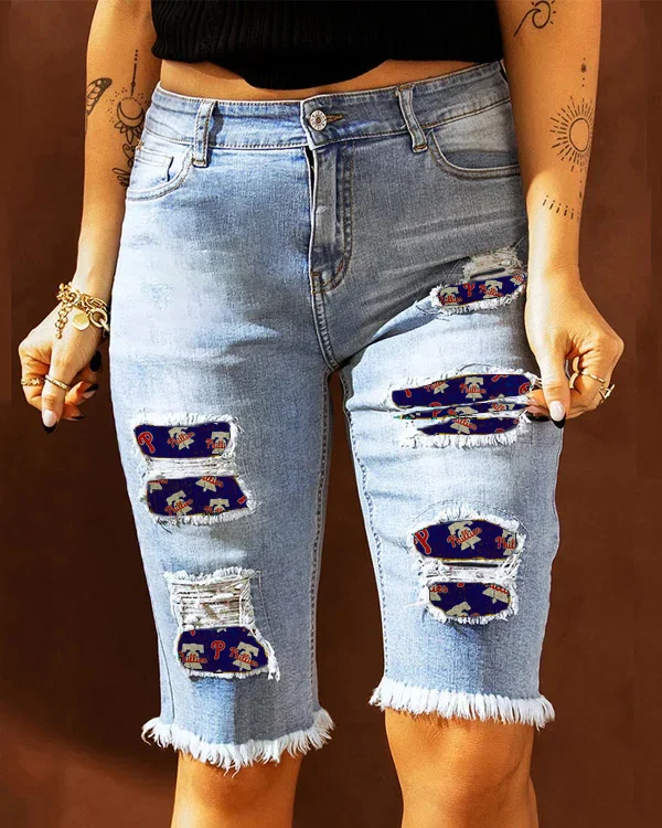 MID-RISE RIPPED PATCHES DENIM BERMUDA SHORTS