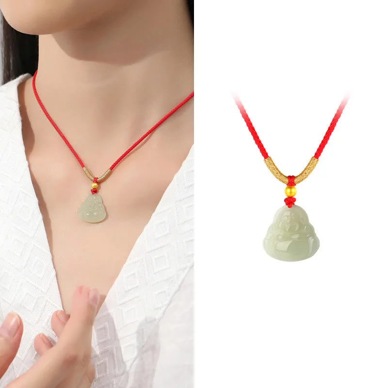 18k Gold Plated Natural Hetian Jade Laughing Buddha Wealth String Necklace Pendant