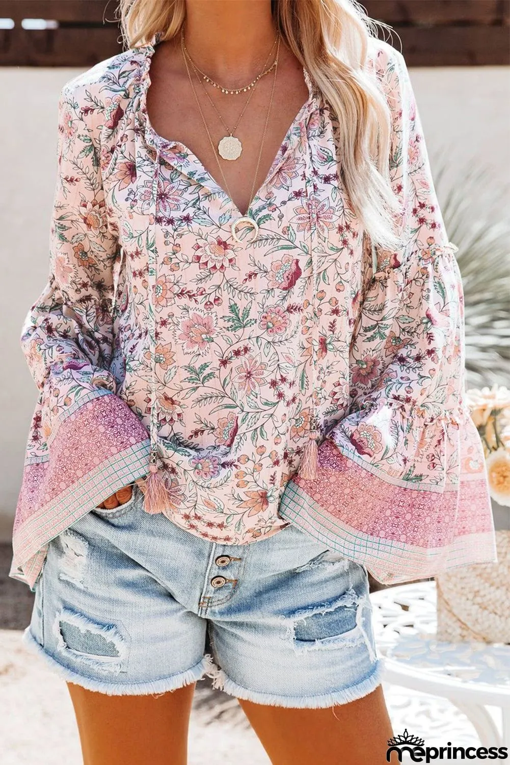 Floral Print V Neck Drawstring Flared Sleeve Top