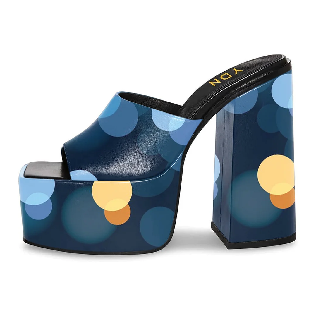 Blue Vegan Leather Square Toe Colorful Printed Inlay Block Heel Mules
