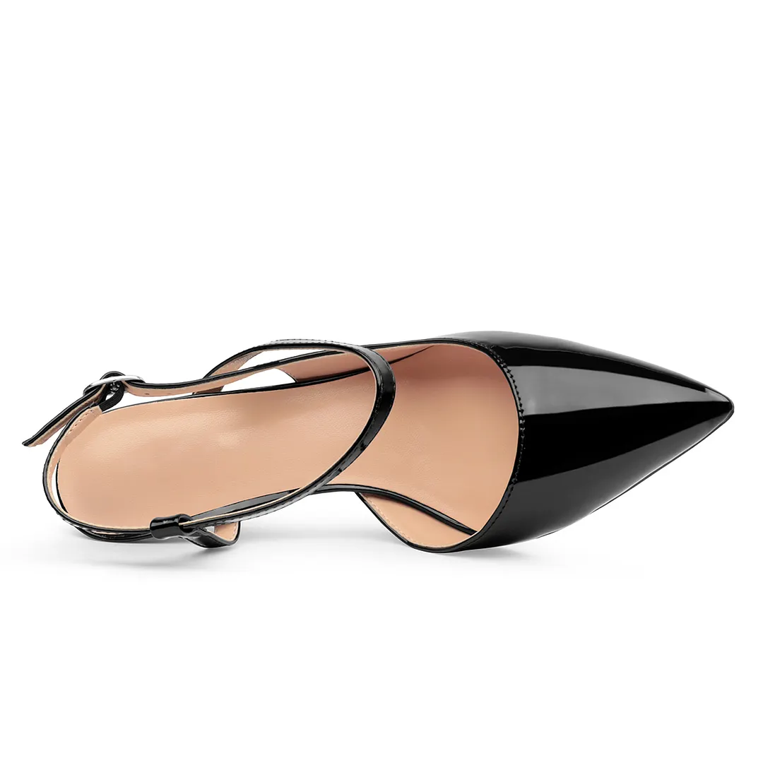 100mm Women Slingback Patent Pumps Ankle Strap Jenlove Stiletto Mid Heel Close Pointed Toe Dress Red Bottoms Shoes