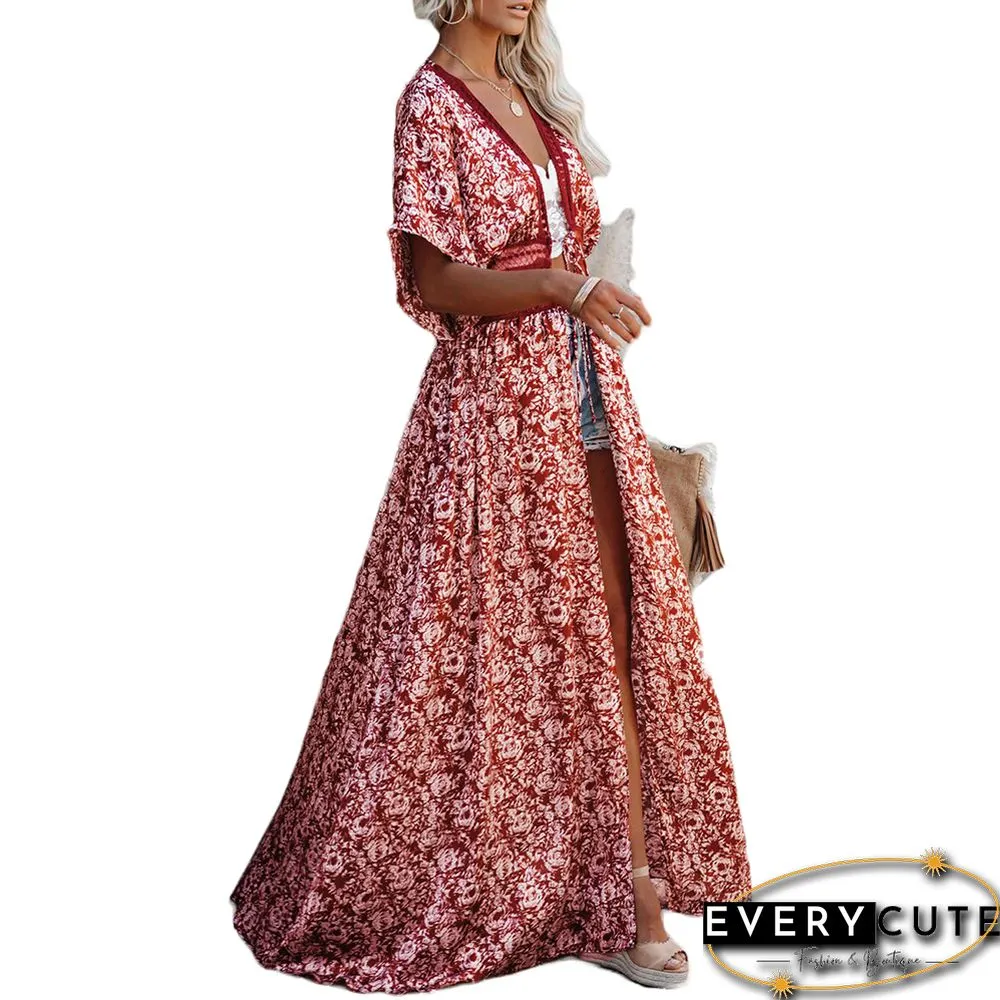 Rust Red Chiffon & Lack Long Kimono Beach Cover