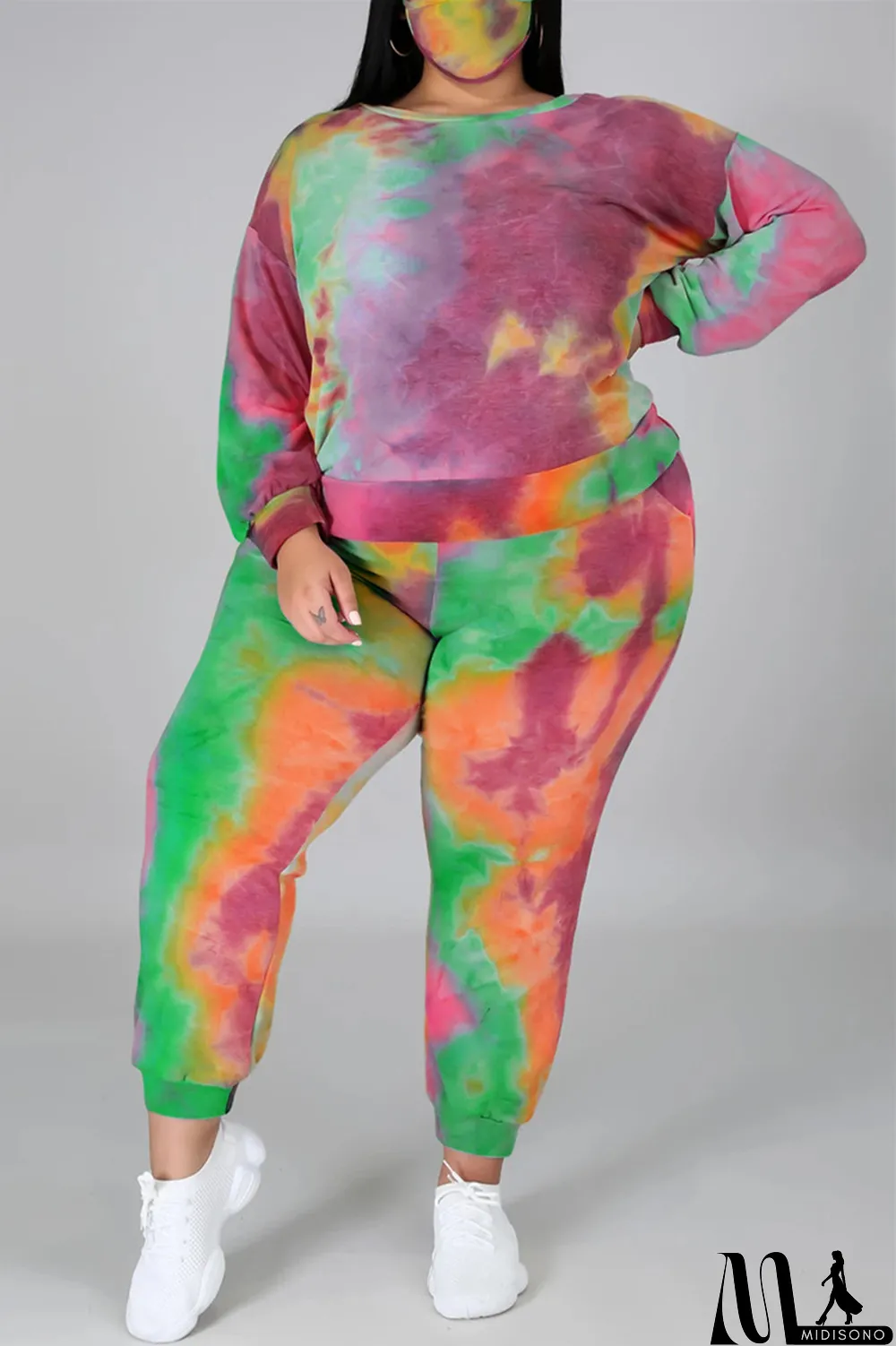 MidiSono - Multicolor Fashion Casual Print Tie Dye Backless O Neck Plus Size Two Pieces