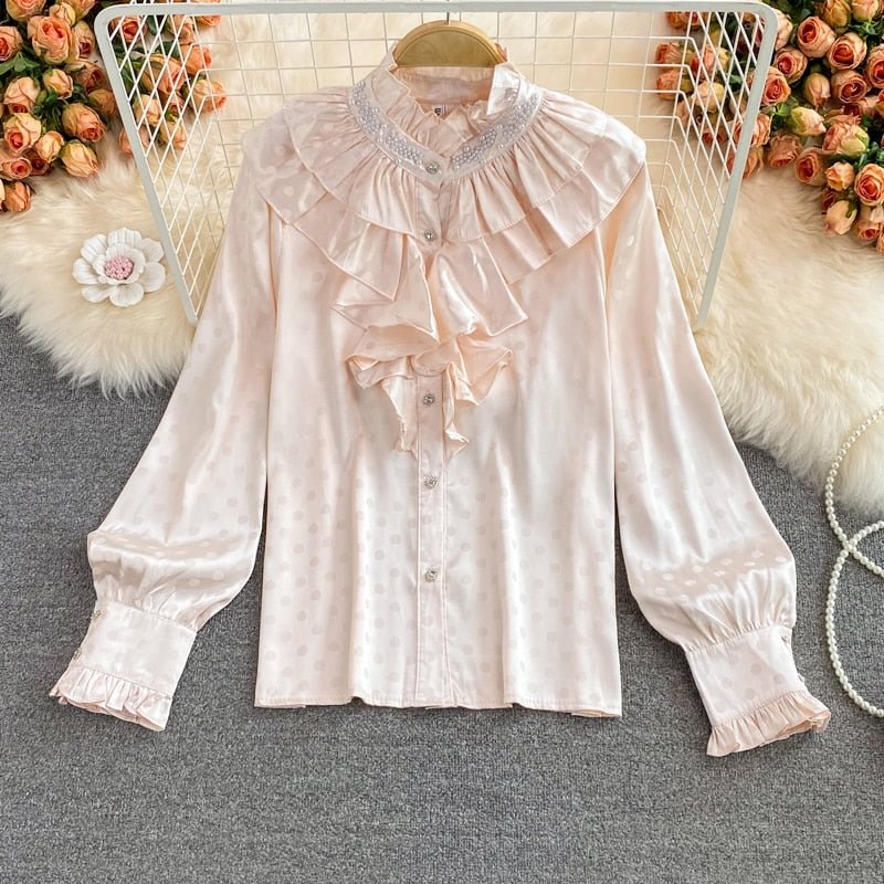 2022 New European American Retro Fashion Blouse Female Printed Shirt Buttoned Blusa Small Stand-up Collar Shirt GK362