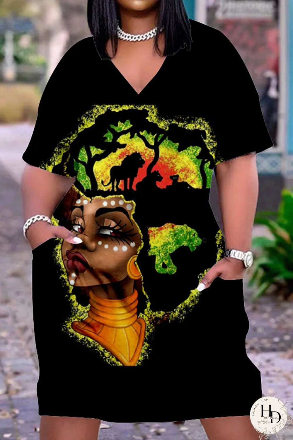 Shallow Yellow Fashion Casual Print Basic V Neck Short Sleeve Dress