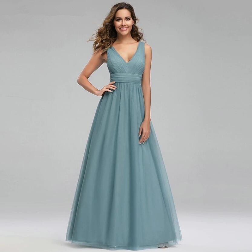 Glamorous Dusty Blue Chiffon V-Neck Long Evening Prom Dress