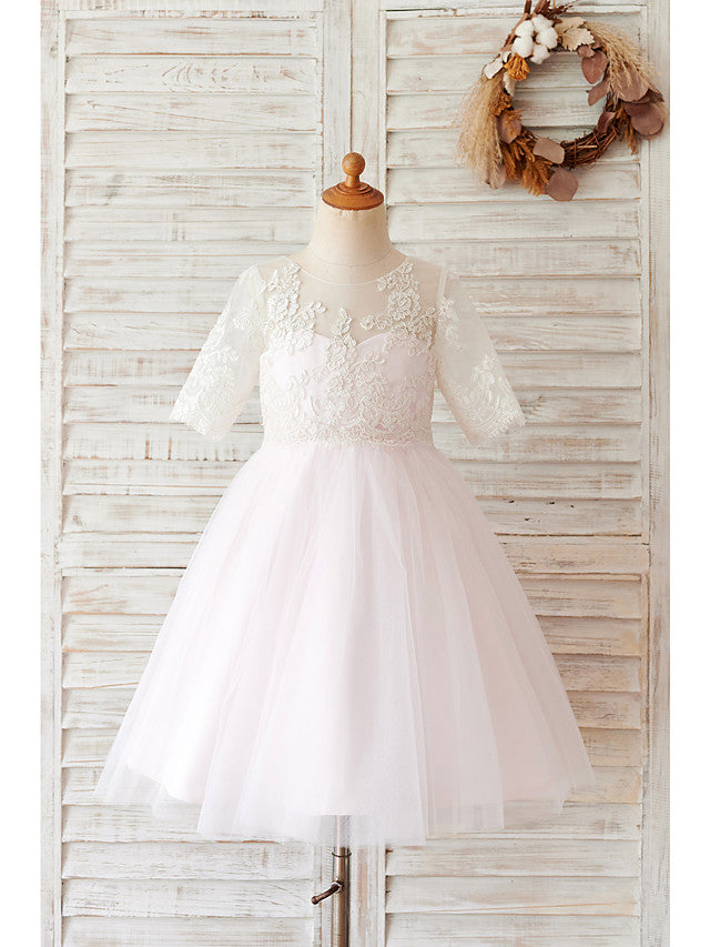 Oknass Ball Gown Knee Length Wedding Birthday Flower Girl Dresses Lace Tulle Half Sleeve Jewel Neck With Buttons