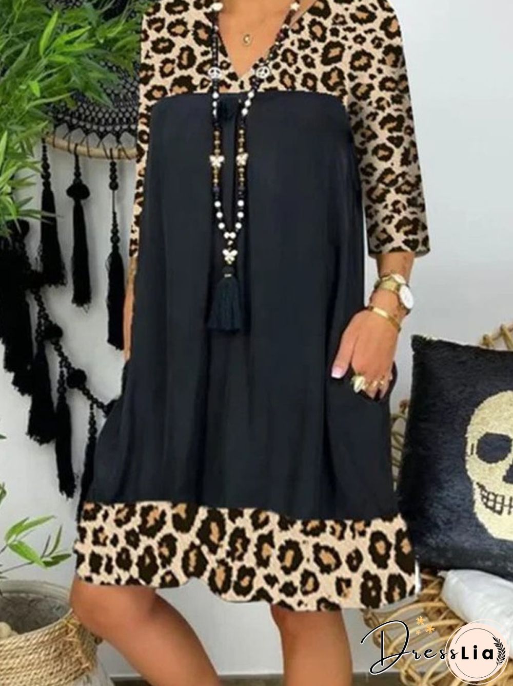 Fashion Leopard Print Stitching Loose Plus Size Dress Black Dresses