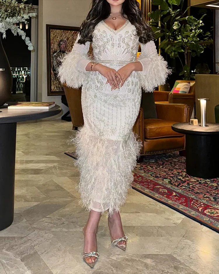 Women's V-neck Feather Embroidery Dress