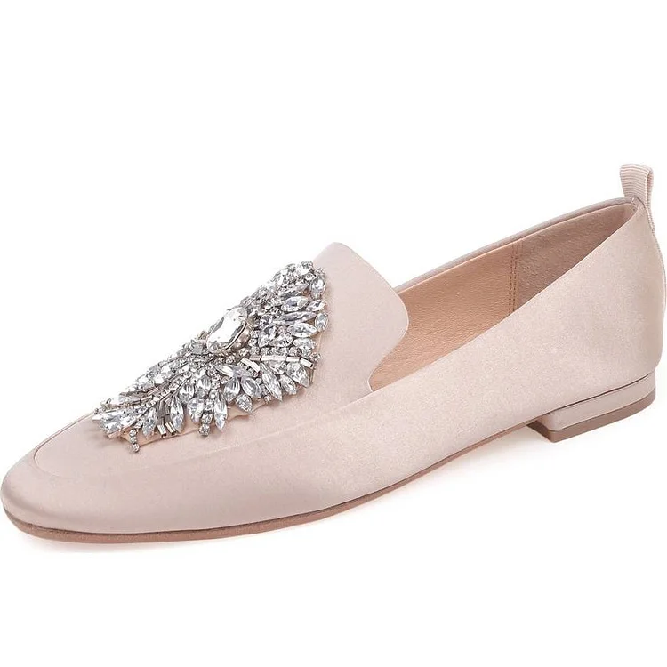 Pink Satin Flats Round Toe Rhinestone Loafers for Women |FSJ Shoes