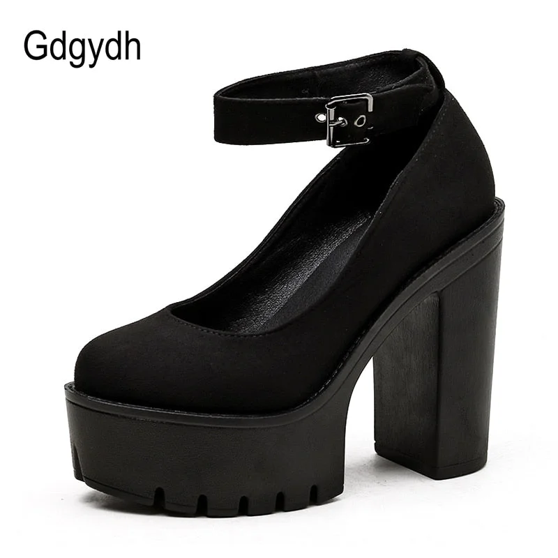 Gdgydh Spring Autumn Womens Chunky Block High Heel Platform Shoes Ankle Strap Buckle Pumps Gothic Punk Shoes For Model Nightclub
