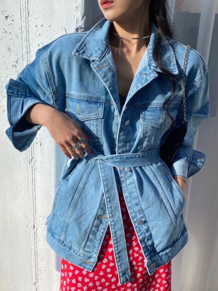 Nncharge Autumn Winter Women High Street Loose Sash Tie Up Denim Coat Casual Lady Turn-down Collar Single Breasted Denim Jacket