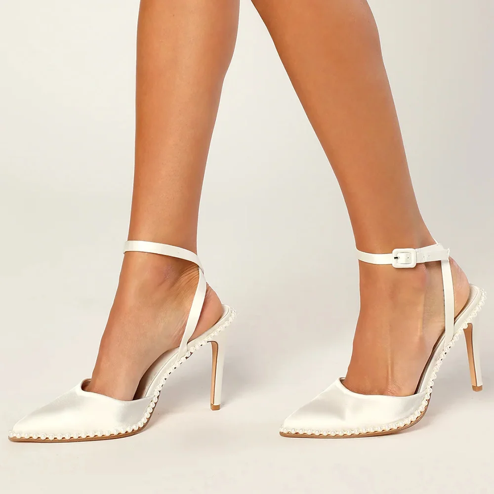 White Suede Closed Toe 4'' Stiletto Heel Slingback Pumps with Pearl Nicepairs