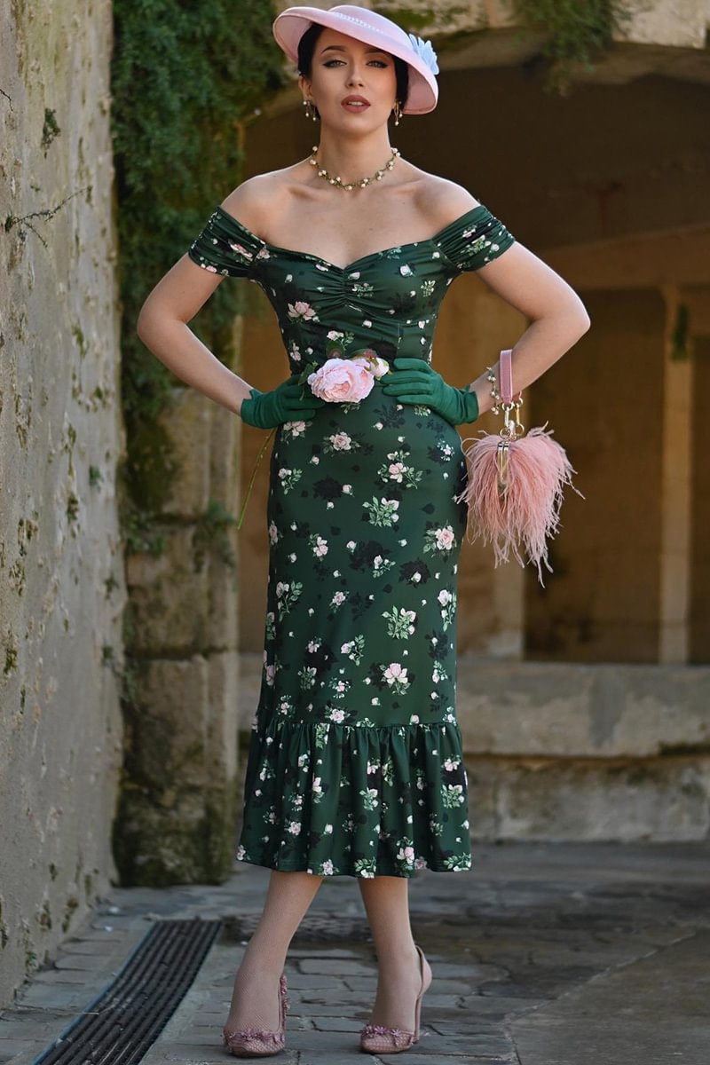 1950s Green Formal Off The Shoulder Corset Rose Print Pleated Mermaid Midi Dress [Pre-Order]