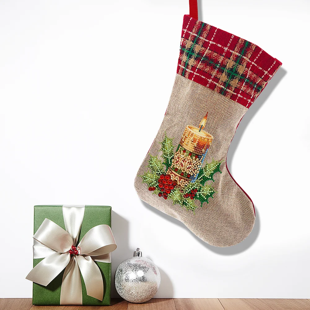 New DIY Linen Diamond Painting Christmas Socks 5D Rhinestone Xmas Socks for Kid Gift(20*35cm)
