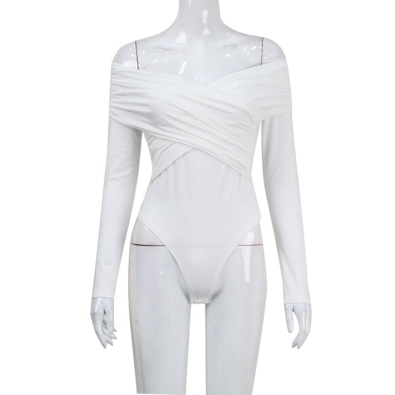 Ootddress White See-Through Patchwork Jumpsuit For Women Pleated Slim Sexy High Waist Long Sleeve Off-Shoulder Rompers Streetwear