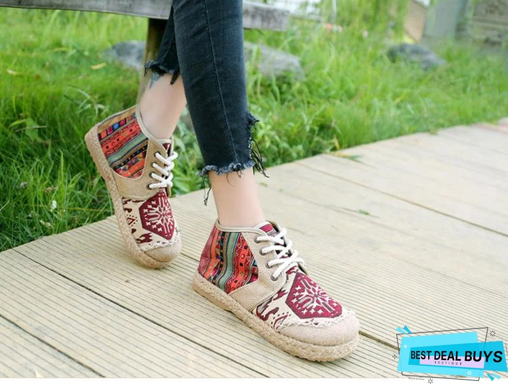 Embroider Shoes Women Ankle Boots Flat Autumn Shoes Comfortable Lace-Up Shoes Flats