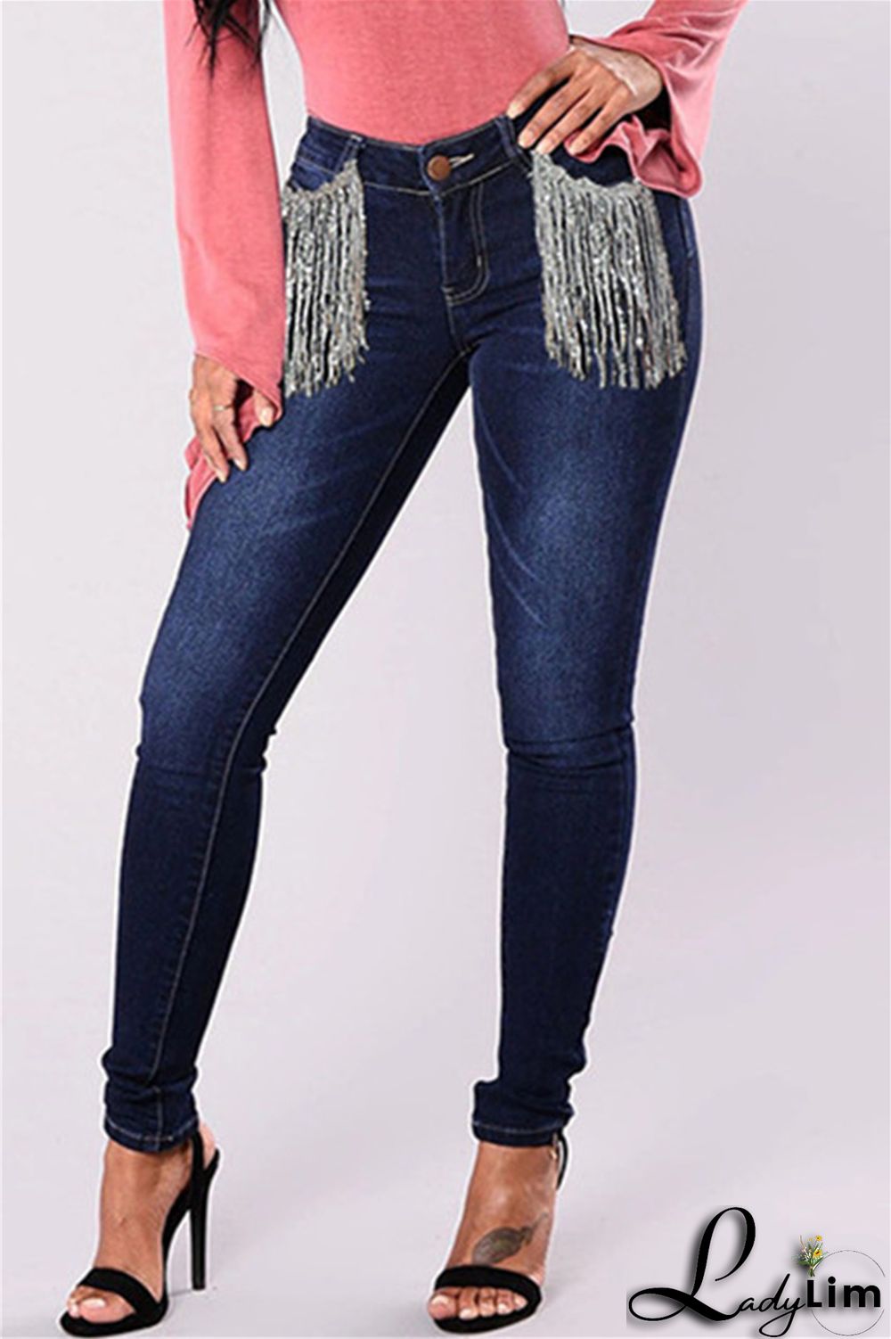 Light Blue Fashion Casual Solid Tassel Patchwork Mid Waist Skinny Denim Jeans