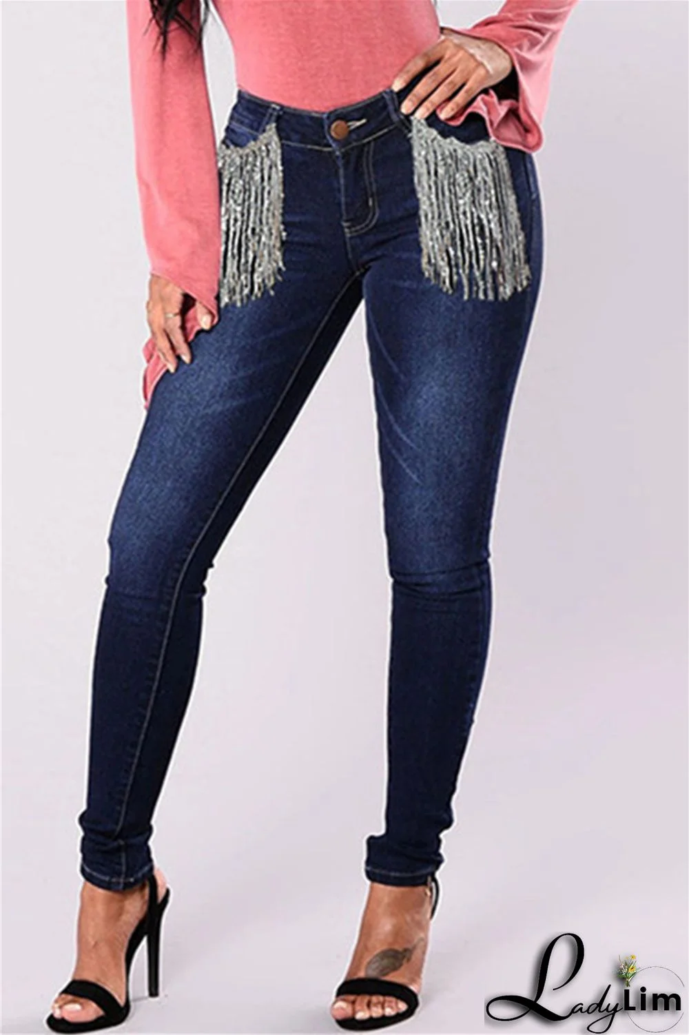 Light Blue Fashion Casual Solid Tassel Patchwork Mid Waist Skinny Denim Jeans