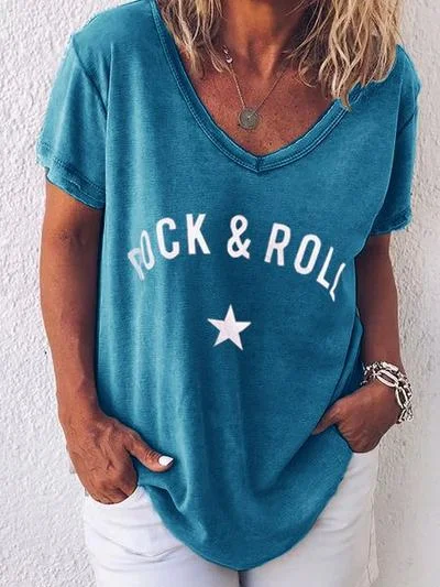 ROCK&ROLL Printed V Neck Casual T-shirt