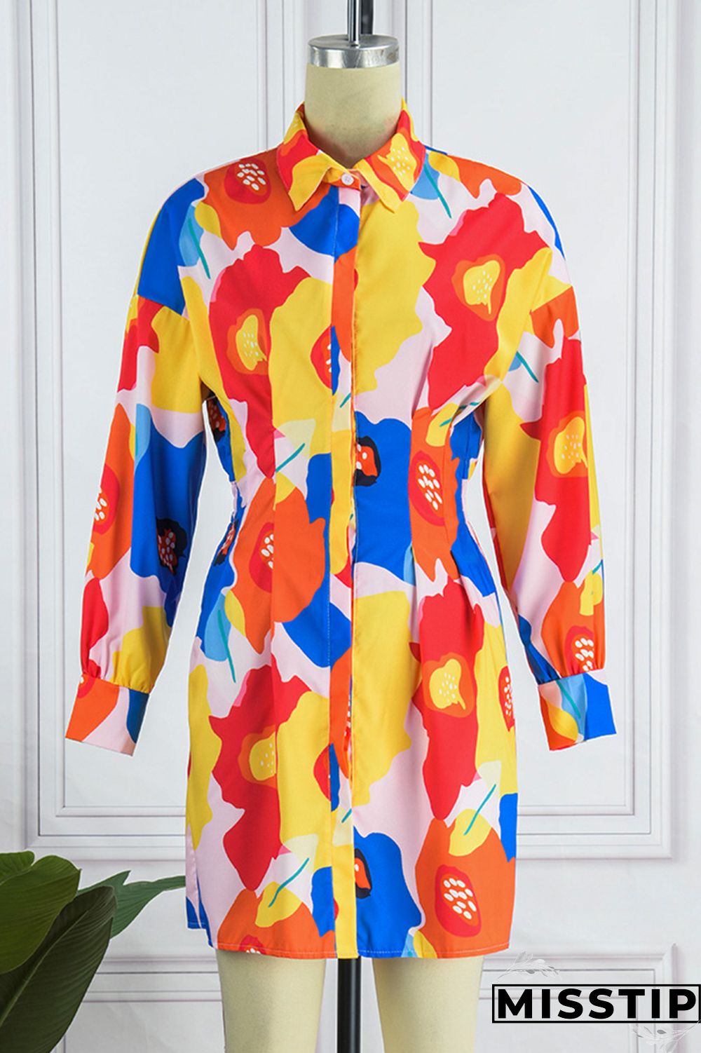 Multicolor Casual Print Patchwork Turndown Collar Long Sleeve Dresses