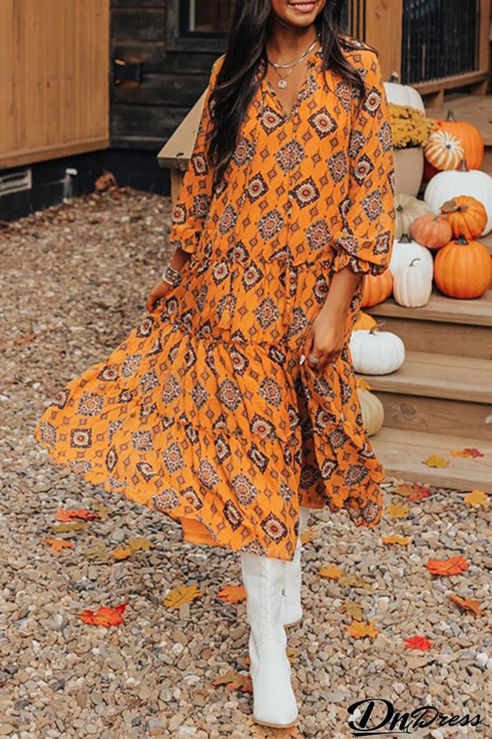 Orange Western Geometric Print Tiered Frilled Loose Fit Midi Dress