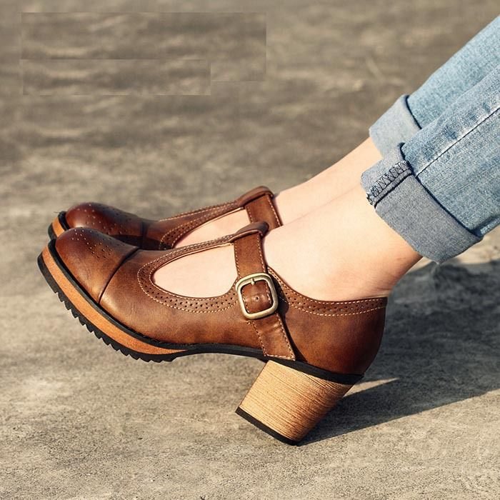Brown Vintage Heels Mary Jane Pumps T Strap Block Heels |FSJ Shoes