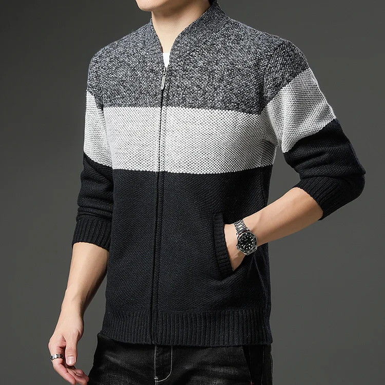 Autumn Winter Men's Fashion Patchwork Knitted Jackets Warm Stand Collar Zipper Slim Fit Fleece Casual Cardigan Sleeve Sweater