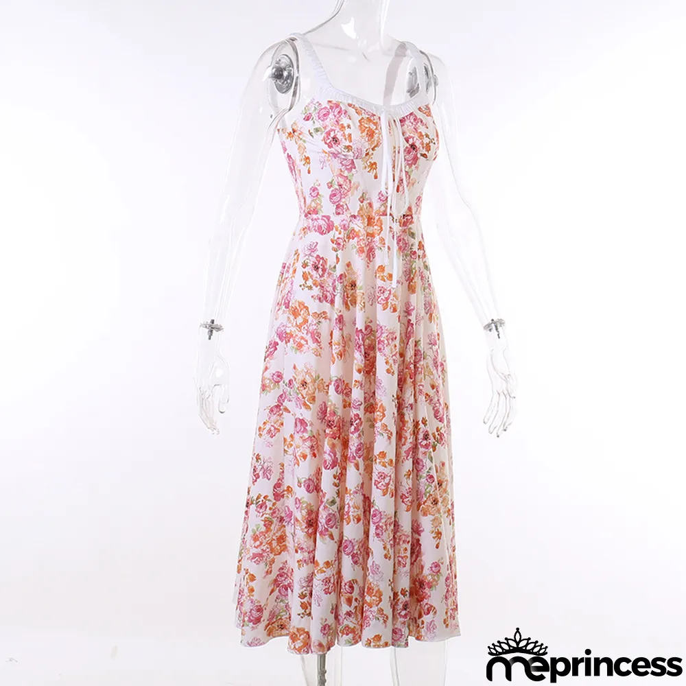 Straps Sexy Slit Floral Dress Women Summer Chic Slim Waist Slim Fit Long Dress